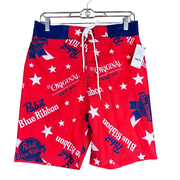 Pabst Blue Ribbon Mens Shorts Red White Blue Star Swim Surf Beach Trunks Small - Picture 1 of 14